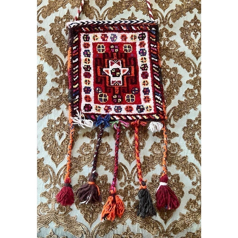 Vintage persian wool carpet salt rug bag tassels textile tapestry wall hanging